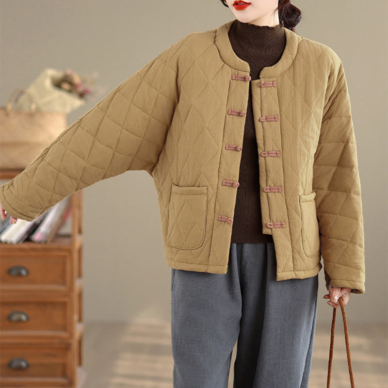 Veste thermique femme en coton à manches longues et poches, ornée de boutons grenouille et de lignes en losange, avec motif losange et rayures en forme de losange , Buddha Stones - image 7