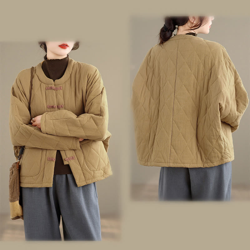 Veste thermique femme en coton à manches longues et poches, ornée de boutons grenouille et de lignes en losange, avec motif losange et rayures en forme de losange , Buddha Stones - image 10