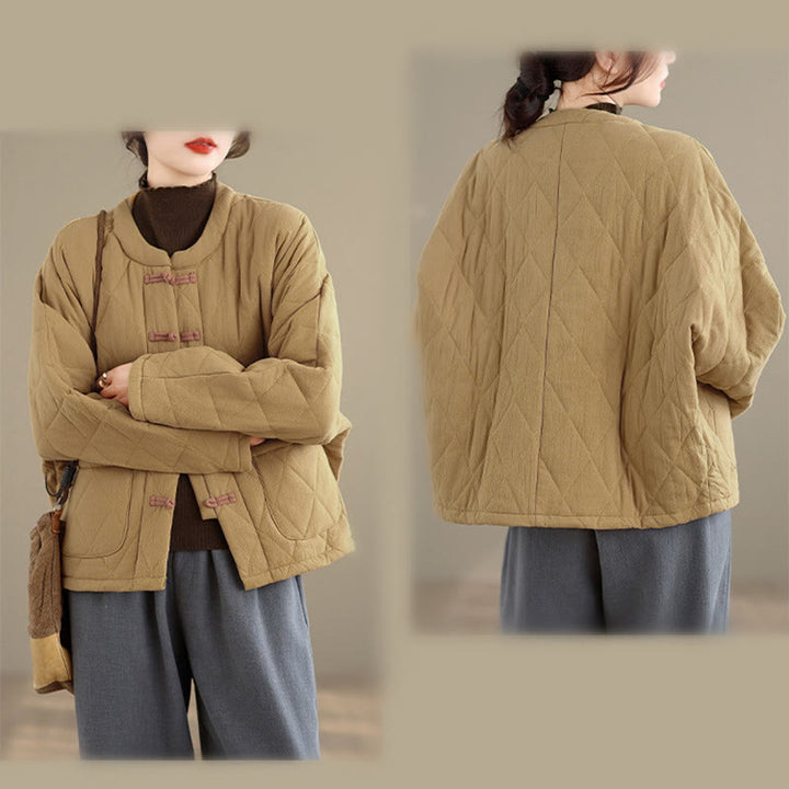 Veste thermique femme en coton à manches longues et poches, ornée de boutons grenouille et de lignes en losange, avec motif losange et rayures en forme de losange , Buddha Stones - image 10