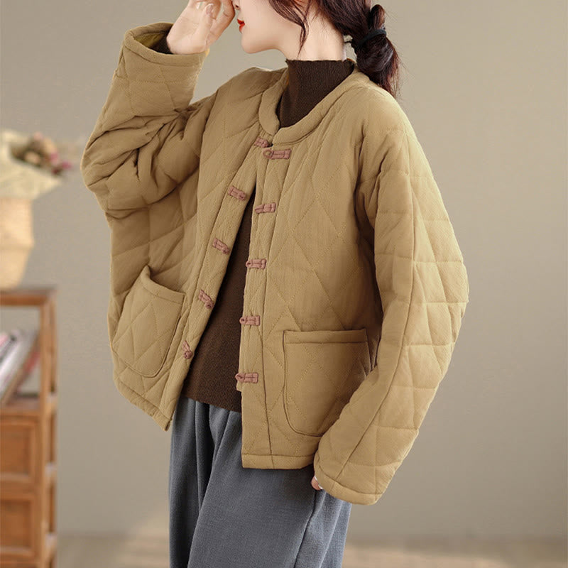 Veste thermique femme en coton à manches longues et poches, ornée de boutons grenouille et de lignes en losange, avec motif losange et rayures en forme de losange , Buddha Stones - image 9