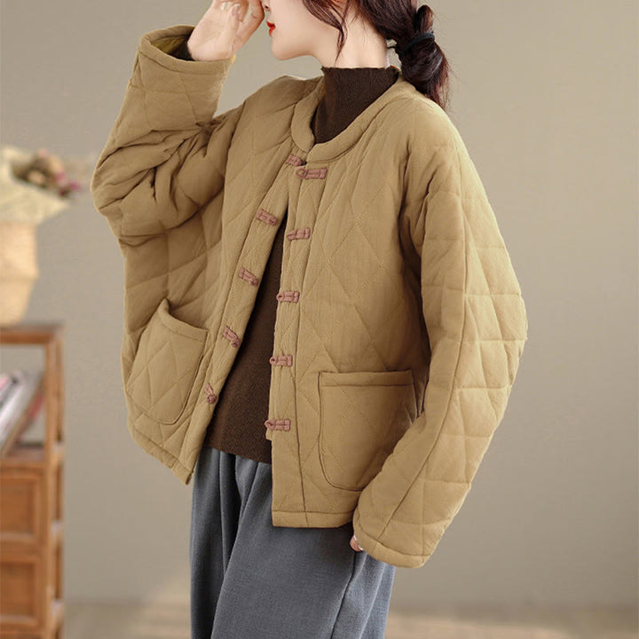 Veste thermique femme en coton à manches longues et poches, ornée de boutons grenouille et de lignes en losange, avec motif losange et rayures en forme de losange , Buddha Stones - image 9