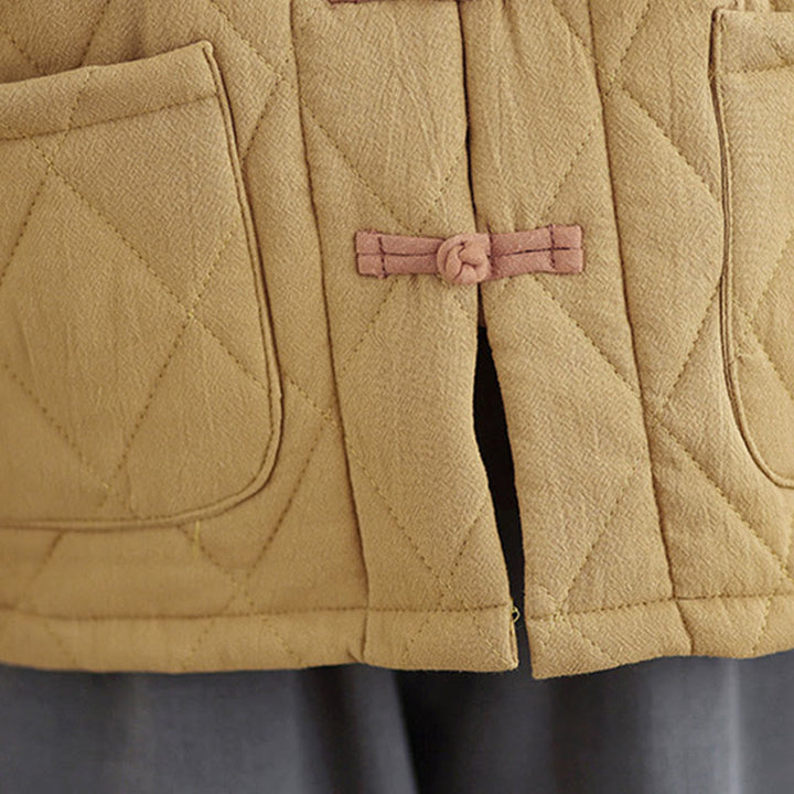 Veste thermique femme en coton à manches longues et poches, ornée de boutons grenouille et de lignes en losange, avec motif losange et rayures en forme de losange , Buddha Stones - image 12