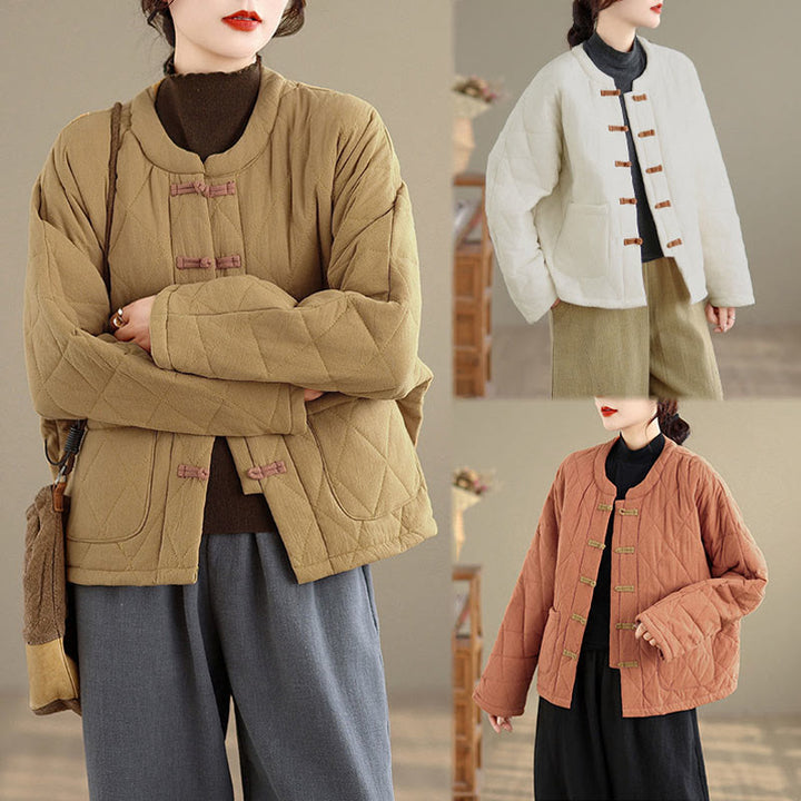 Veste thermique femme en coton à manches longues et poches, ornée de boutons grenouille et de lignes en losange, avec motif losange et rayures en forme de losange , Buddha Stones - image 22