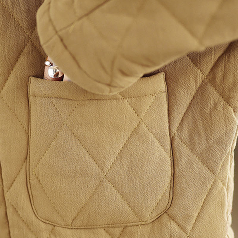 Veste thermique femme en coton à manches longues et poches, ornée de boutons grenouille et de lignes en losange, avec motif losange et rayures en forme de losange , Buddha Stones - image 13