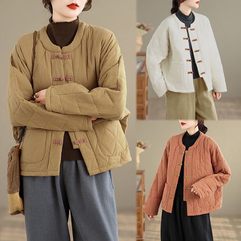 Veste thermique femme en coton à manches longues et poches, ornée de boutons grenouille et de lignes en losange, avec motif losange et rayures en forme de losange , Buddha Stones - image 22