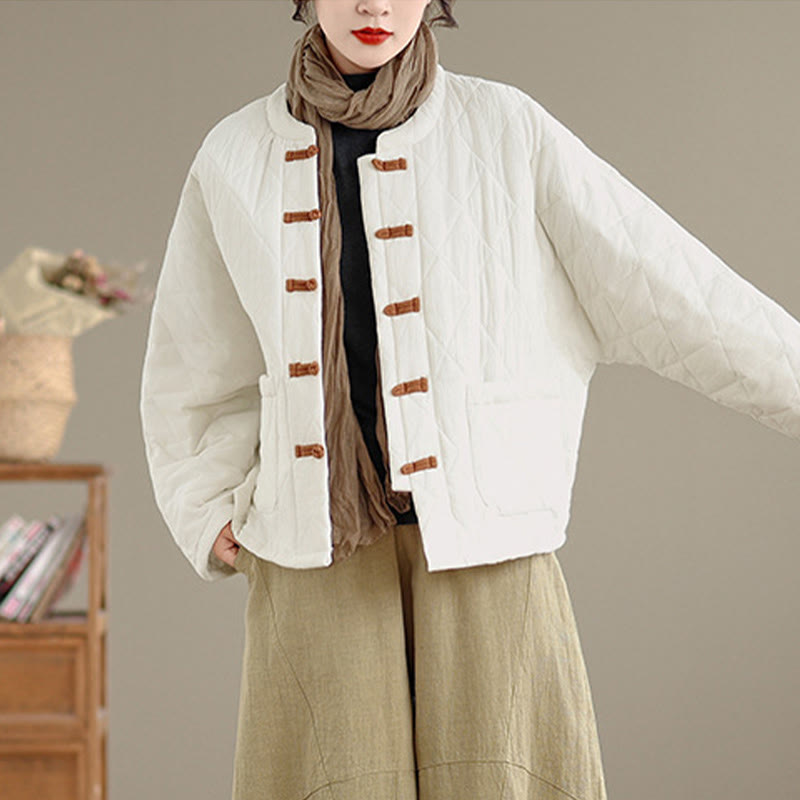 Veste thermique femme en coton à manches longues et poches, ornée de boutons grenouille et de lignes en losange, avec motif losange et rayures en forme de losange , Buddha Stones - image 21