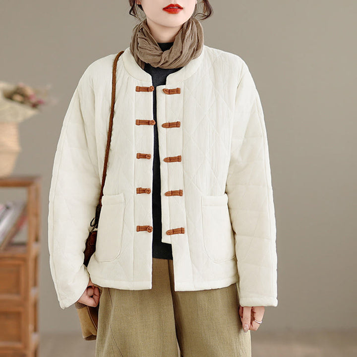 Veste thermique femme en coton à manches longues et poches, ornée de boutons grenouille et de lignes en losange, avec motif losange et rayures en forme de losange , Buddha Stones - image 17