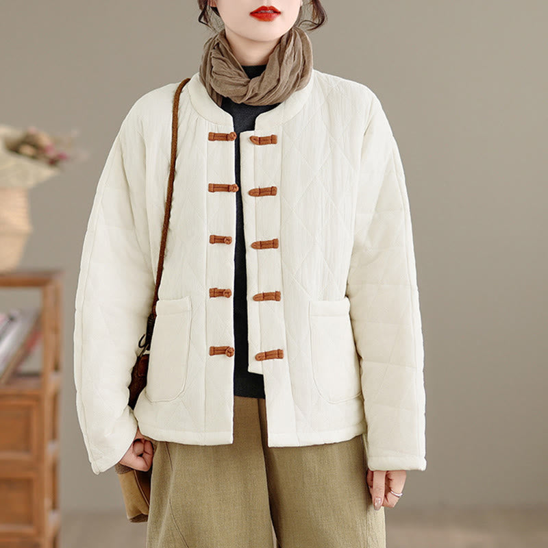 Veste thermique femme en coton à manches longues et poches, ornée de boutons grenouille et de lignes en losange, avec motif losange et rayures en forme de losange , Buddha Stones - image 17