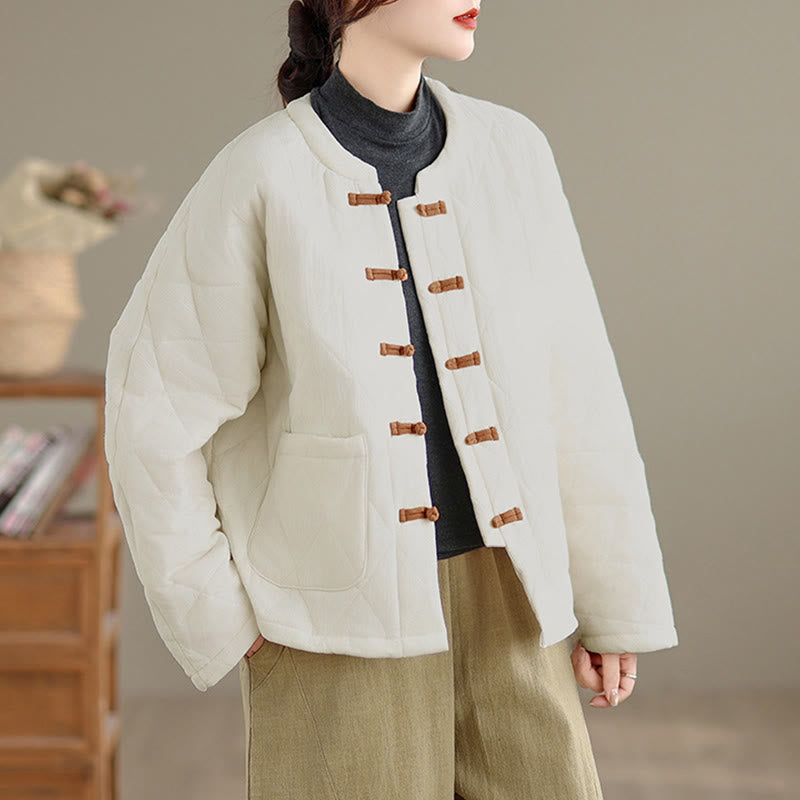 Veste thermique femme en coton à manches longues et poches, ornée de boutons grenouille et de lignes en losange, avec motif losange et rayures en forme de losange , Buddha Stones - image 18