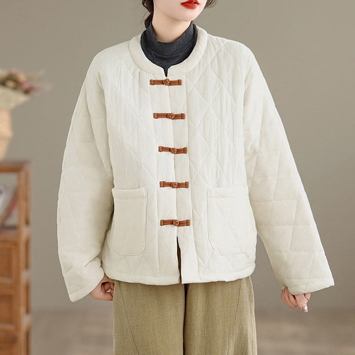 Veste thermique femme en coton à manches longues et poches, ornée de boutons grenouille et de lignes en losange, avec motif losange et rayures en forme de losange , Buddha Stones - image 20