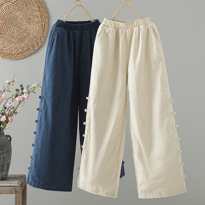 Pantalon thermique d'hiver pour femme, coupe droite, taille élastique, fermeture à boutons brandebourg, en coton, avec poches, motif Buddha Stones - image 0