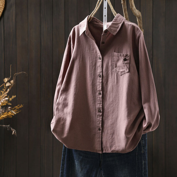 Chemise en coton à manches longues et col montant, ornée de boutons et de poches décoratives, avec Buddha Stones - Rouge violet pâle - US6，UK/AU10，EU38 (L) - image 16