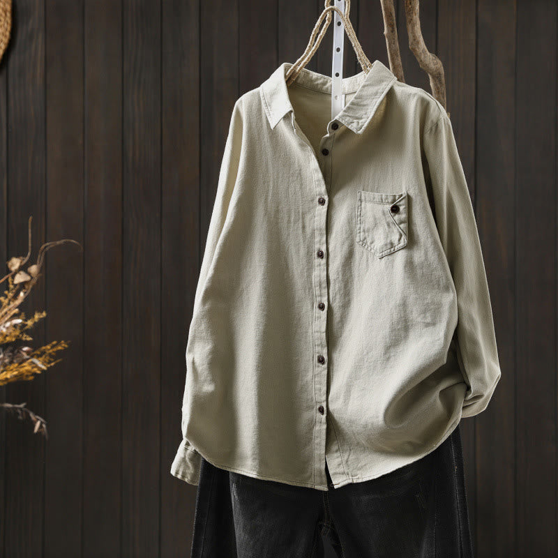 Chemise en coton à manches longues et col montant, ornée de boutons et de poches décoratives, avec Buddha Stones - Beige - US6，UK/AU10，EU38 (L) - image 14