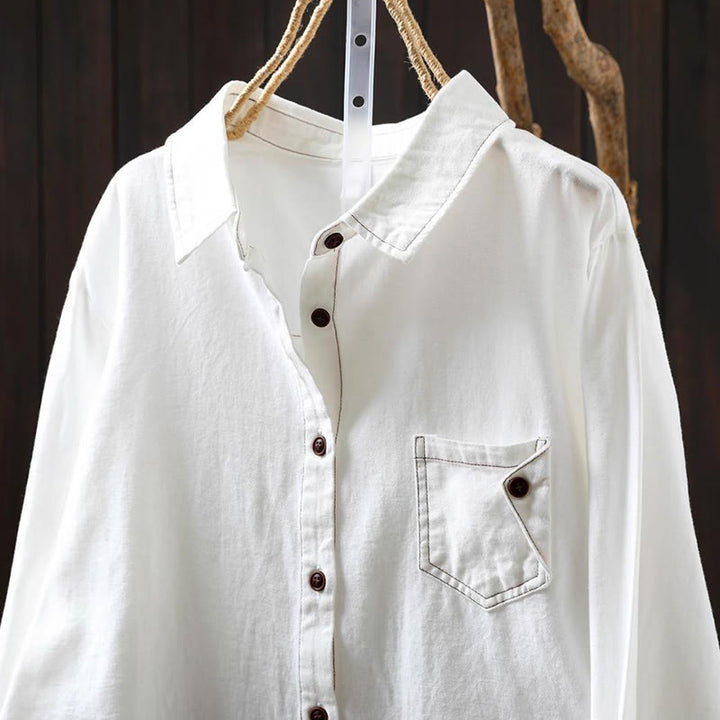 Chemise en coton à manches longues et col montant, ornée de boutons et de poches décoratives, avec Buddha Stones - image 3