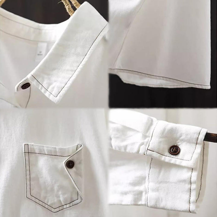 Chemise en coton à manches longues et col montant, ornée de boutons et de poches décoratives, avec Buddha Stones - image 12