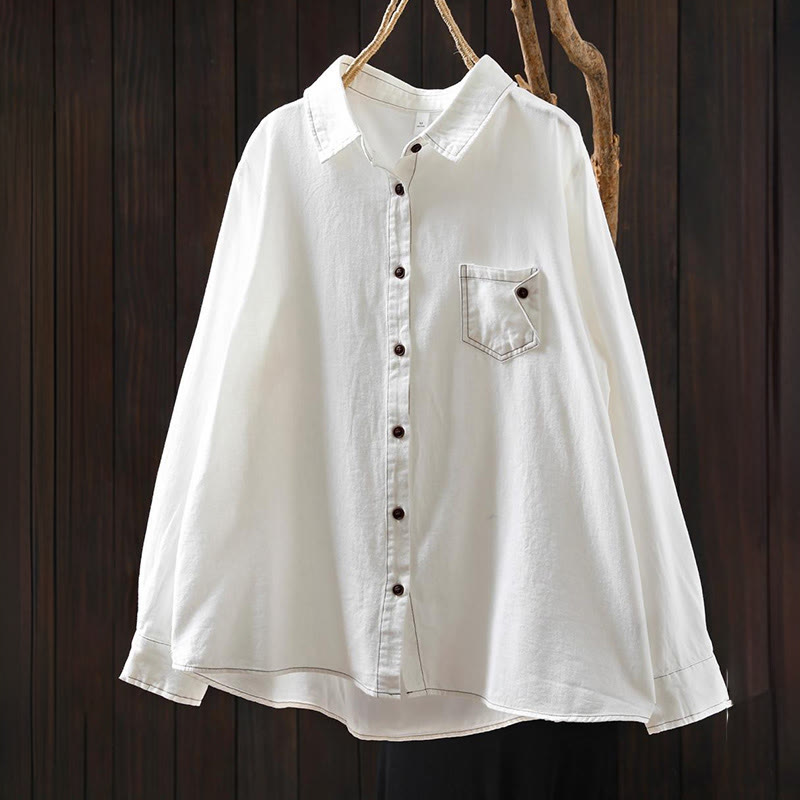 Chemise en coton à manches longues et col montant, ornée de boutons et de poches décoratives, avec Buddha Stones - image 1