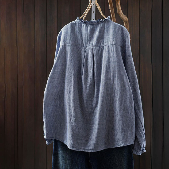 Chemise en coton à carreaux, manches longues, col à volants, Buddha Stones, automne - image 2