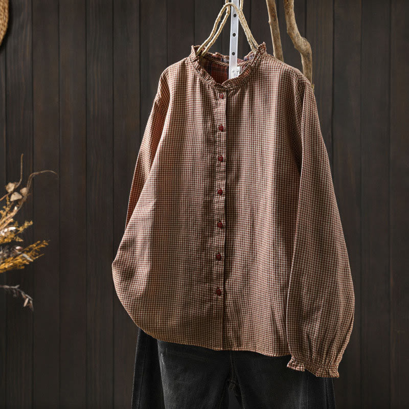 Chemise en coton à manches longues pour femme, Buddha Stones, petits carreaux, boutonnée et col à volants. - Saumon foncé - US6，UK/AU10，EU38 (L) - image 0