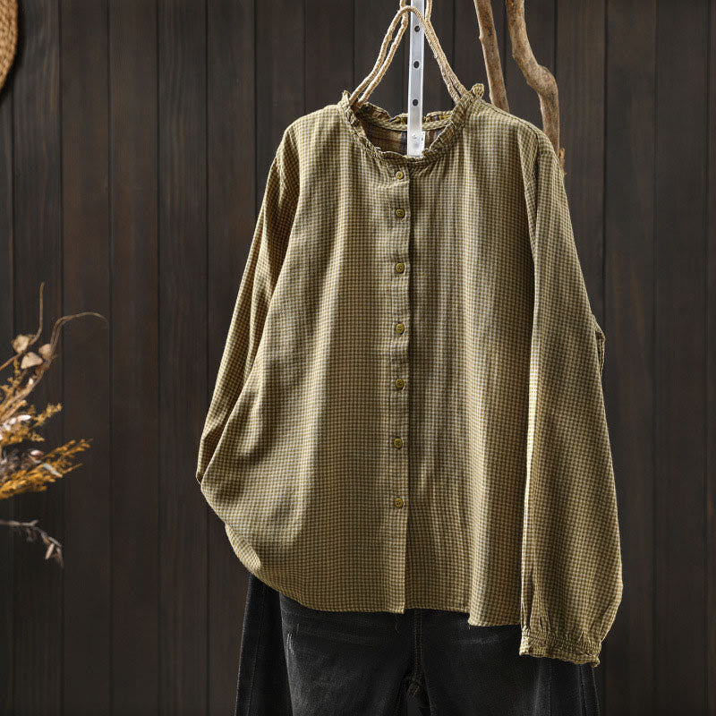 Chemise en coton à manches longues pour femme, Buddha Stones, petits carreaux, boutonnée et col à volants. - DarkKhaki - US6，UK/AU10，EU38 (L) - image 13