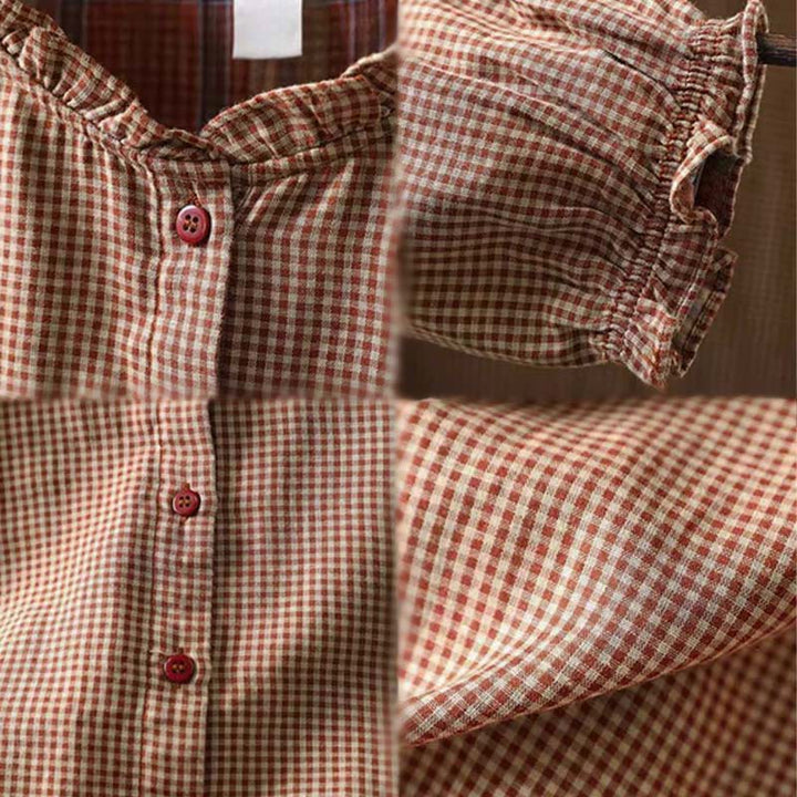 Chemise en coton à manches longues pour femme, Buddha Stones, petits carreaux, boutonnée et col à volants. - image 12