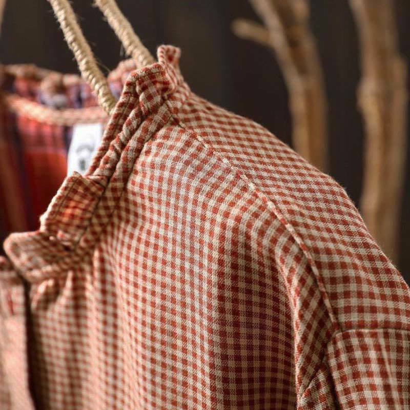 Chemise en coton à manches longues pour femme, Buddha Stones, petits carreaux, boutonnée et col à volants. - image 6