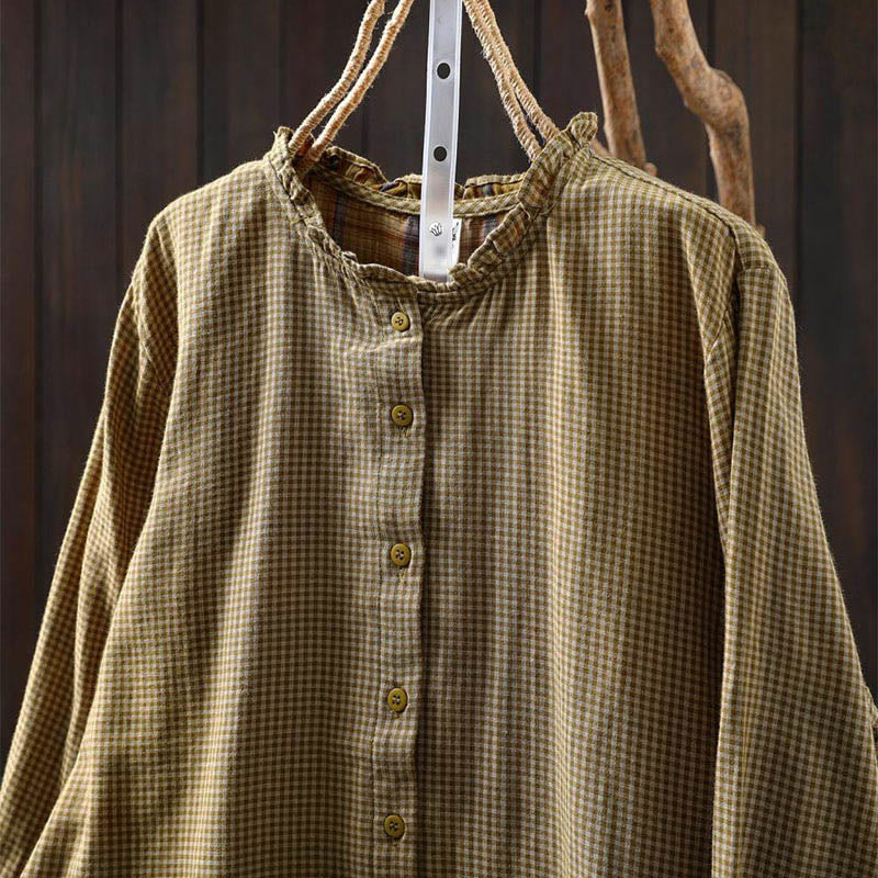 Chemise en coton à manches longues pour femme, Buddha Stones, petits carreaux, boutonnée et col à volants. - image 14