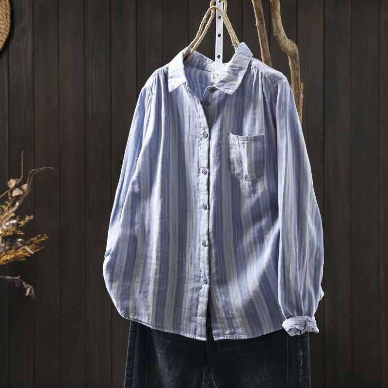 Chemise en coton à manches longues et col montant, à rayures verticales et Buddha Stones - Bleu ciel clair - US6，UK/AU10，EU38 (L) - image 0