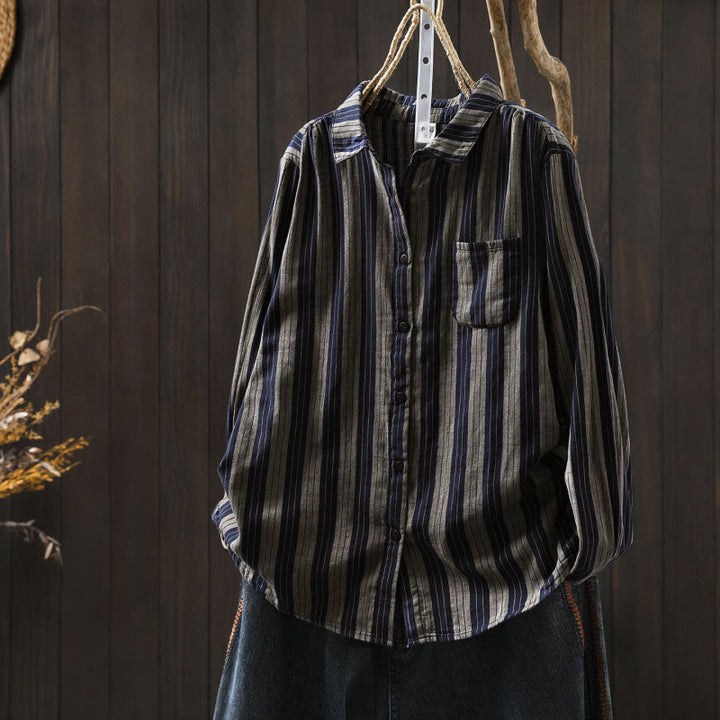 Chemise en coton à manches longues et col montant, à rayures verticales et Buddha Stones - Gris ardoise clair - US6，UK/AU10，EU38 (L) - image 27