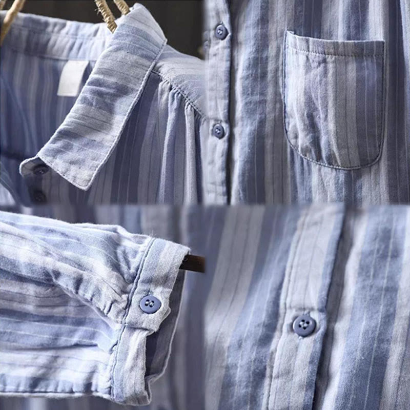 Chemise en coton à manches longues et col montant, à rayures verticales et Buddha Stones - image 12