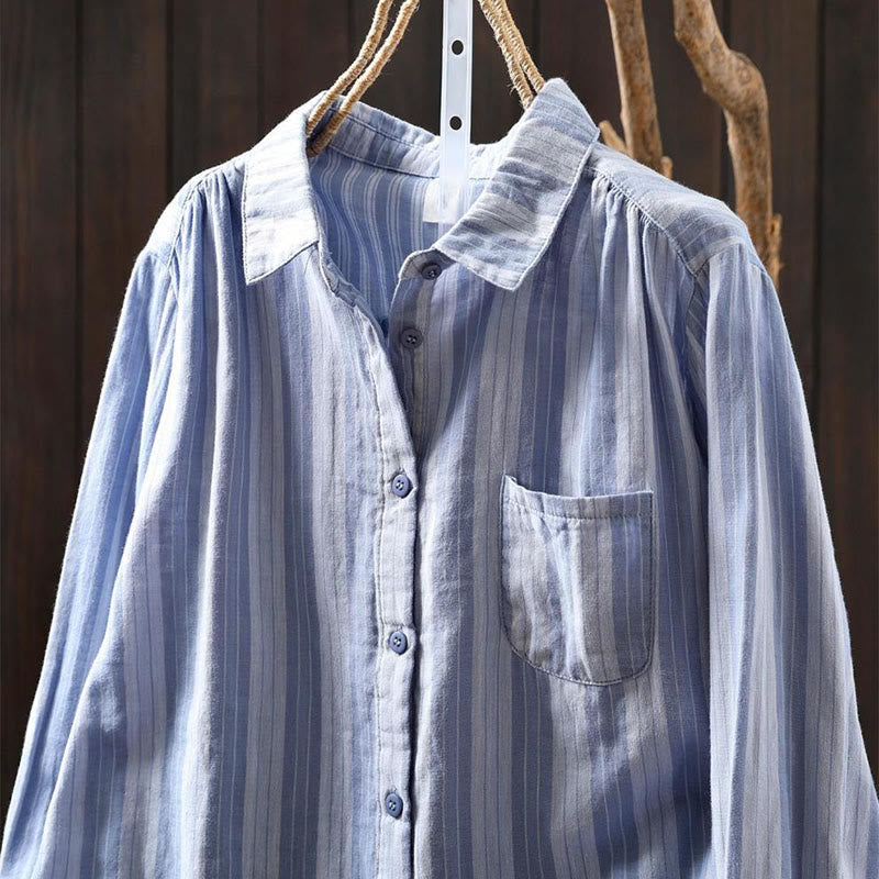 Chemise en coton à manches longues et col montant, à rayures verticales et Buddha Stones - image 2