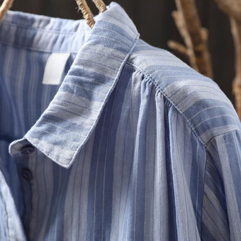 Chemise en coton à manches longues et col montant, à rayures verticales et Buddha Stones - image 3