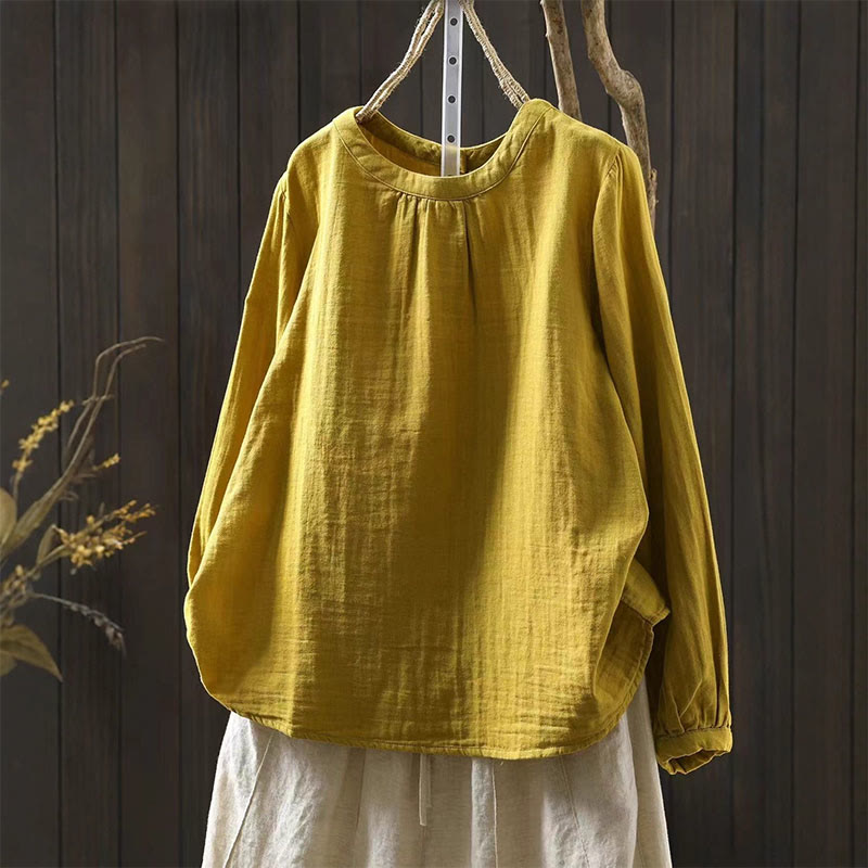Chemise en coton à manches longues pour femme, col rond, fermeture boutonnée au dos, Buddha Stones - Jaune - US6，UK/AU10，EU38 (L) - image 9