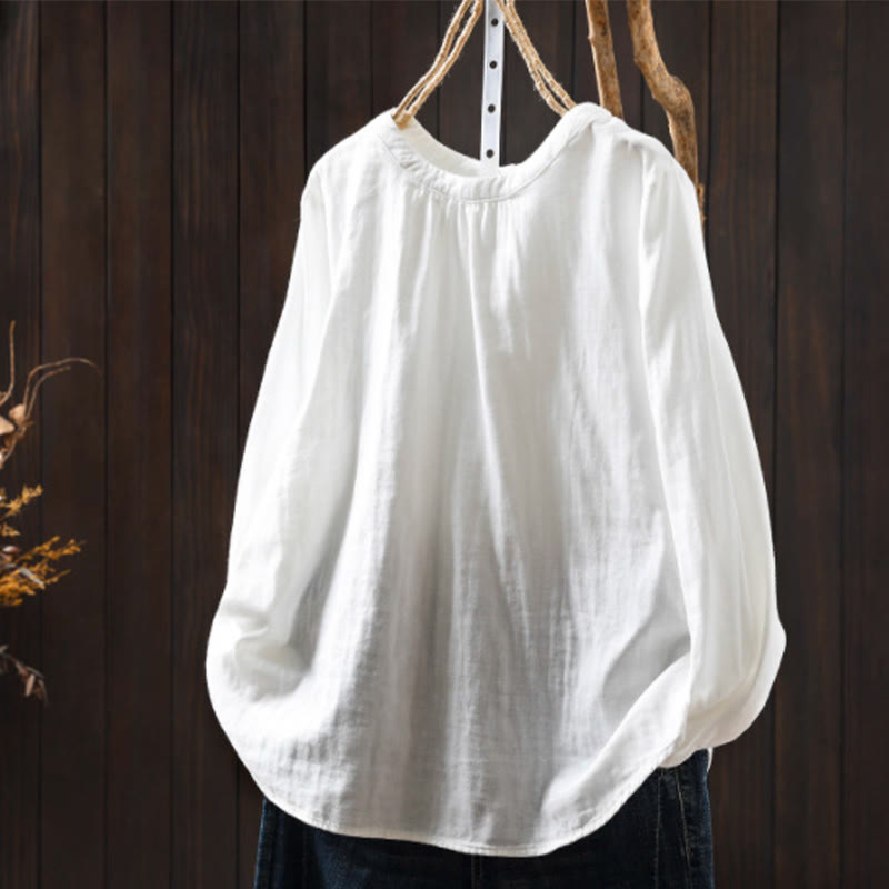 Chemise en coton à manches longues pour femme, col rond, fermeture boutonnée au dos, Buddha Stones - Blanc - US6，UK/AU10，EU38 (L) - image 13