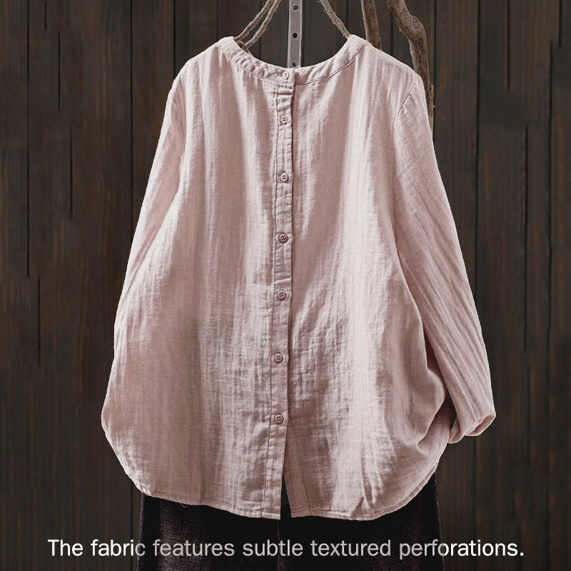 Chemise en coton à manches longues pour femme, col rond, fermeture boutonnée au dos, Buddha Stones - image 1