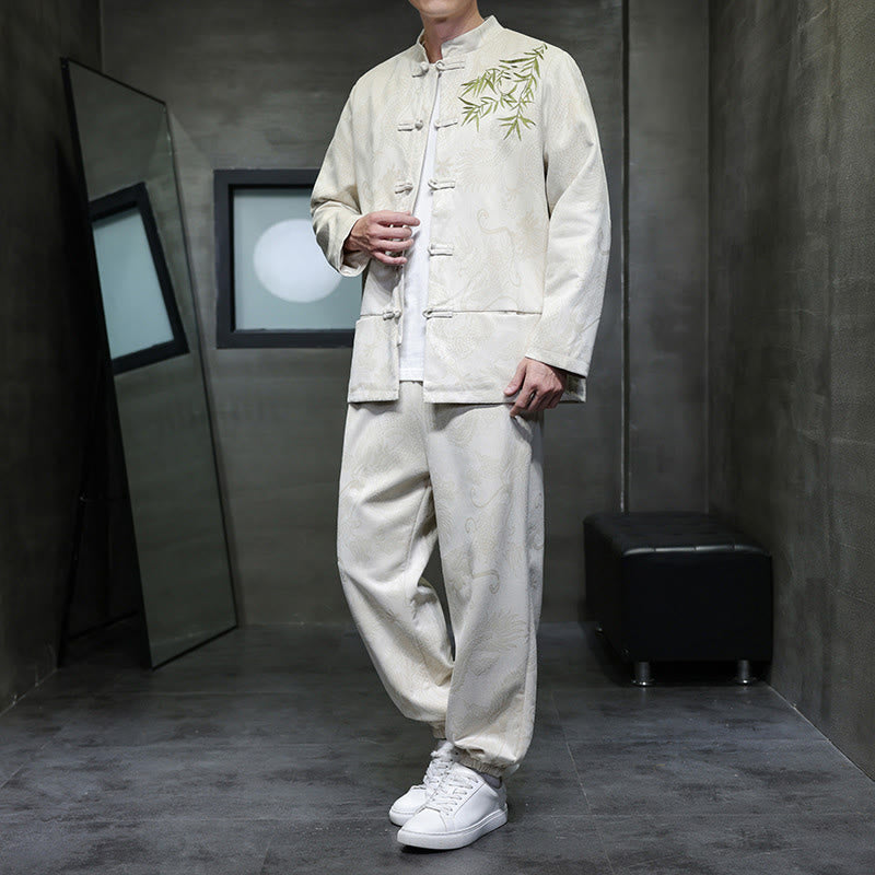 Ensemble veste et pantalon en coton à manches longues et poches, motif dragon printanier et nuages ​​de bambou, avec boutons grenouille, orné de Buddha Stones. - Lin - US/UK/AU46，EU56 (5XL) - image 0