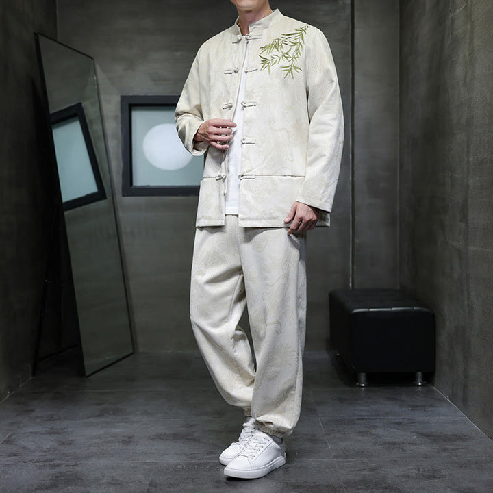Ensemble veste et pantalon en coton à manches longues et poches, motif dragon printanier et nuages ​​de bambou, avec boutons grenouille, orné de Buddha Stones. - Lin - US/UK/AU46，EU56 (5XL) - image 0
