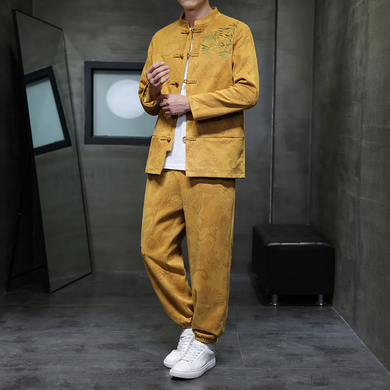 Ensemble veste et pantalon en coton à manches longues et poches, motif dragon printanier et nuages ​​de bambou, avec boutons grenouille, orné de Buddha Stones. - Or - US/UK/AU46，EU56 (5XL) - image 8