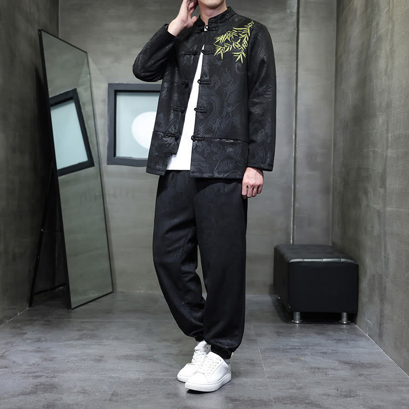 Ensemble veste et pantalon en coton à manches longues et poches, motif dragon printanier et nuages ​​de bambou, avec boutons grenouille, orné de Buddha Stones. - Noir - US/UK/AU46，EU56 (5XL) - image 21