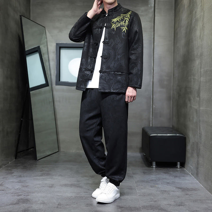 Ensemble veste et pantalon en coton à manches longues et poches, motif dragon printanier et nuages ​​de bambou, avec boutons grenouille, orné de Buddha Stones. - Noir - US/UK/AU46，EU56 (5XL) - image 21