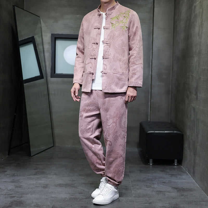 Ensemble veste et pantalon en coton à manches longues et poches, motif dragon printanier et nuages ​​de bambou, avec boutons grenouille, orné de Buddha Stones. - MistyRose - US/UK/AU46，EU56 (5XL) - image 30