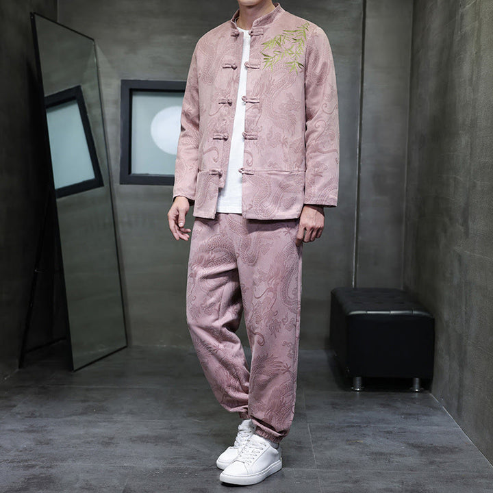 Ensemble veste et pantalon en coton à manches longues et poches, motif dragon printanier et nuages ​​de bambou, avec boutons grenouille, orné de Buddha Stones. - MistyRose - US/UK/AU46，EU56 (5XL) - image 30