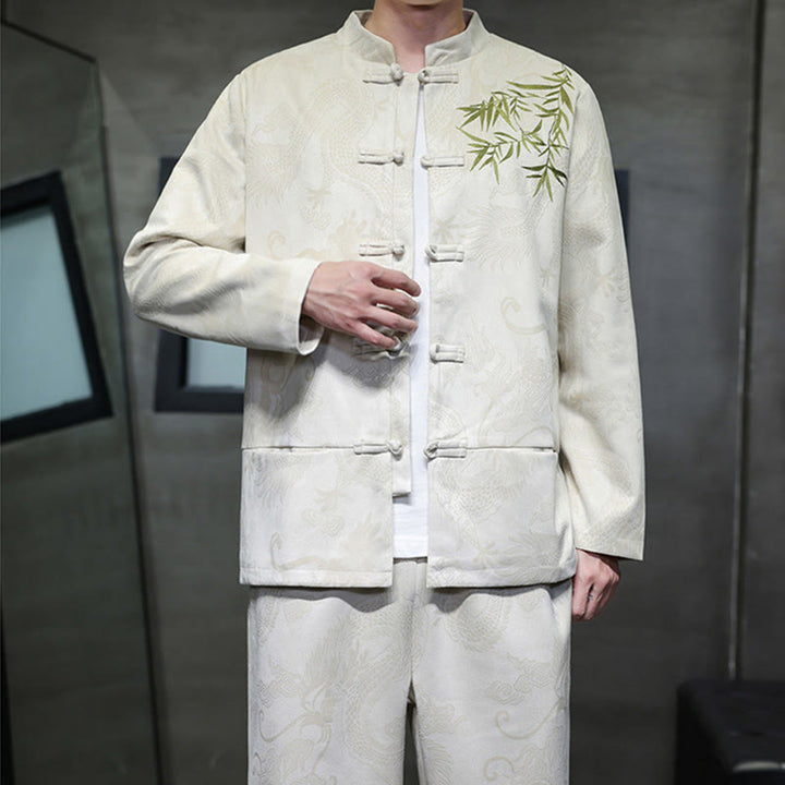 Ensemble veste et pantalon en coton à manches longues et poches, motif dragon printanier et nuages ​​de bambou, avec boutons grenouille, orné de Buddha Stones. - image 7