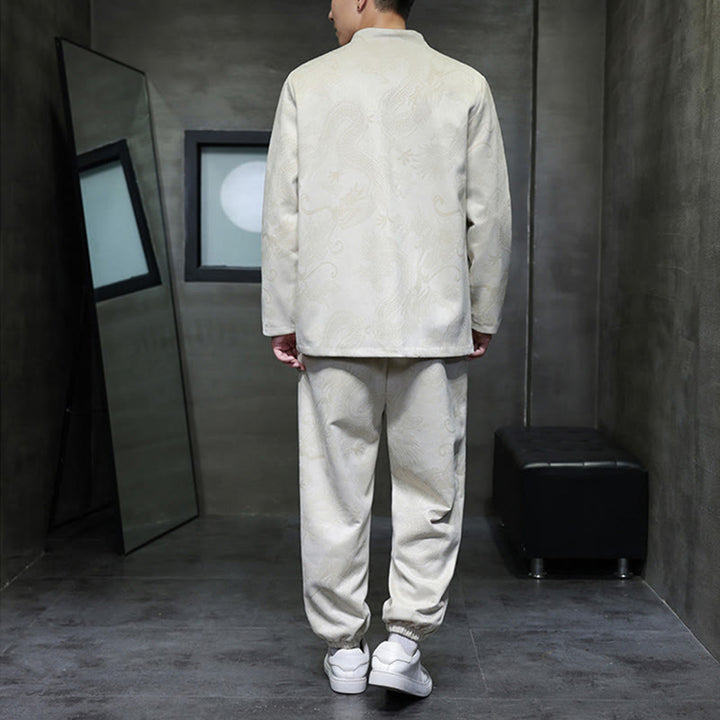 Ensemble veste et pantalon en coton à manches longues et poches, motif dragon printanier et nuages ​​de bambou, avec boutons grenouille, orné de Buddha Stones. - image 3