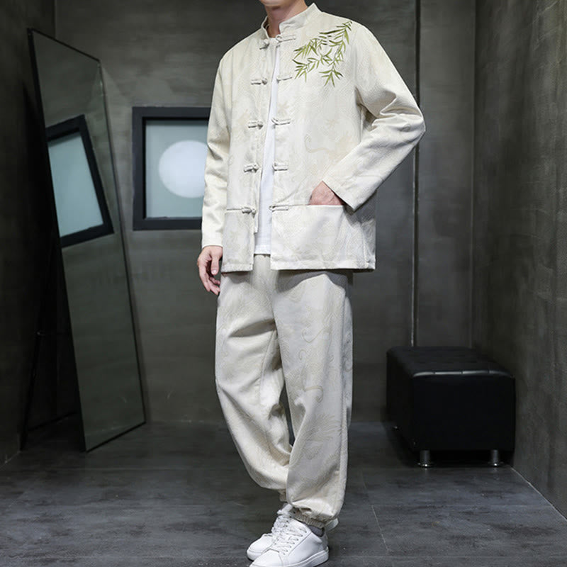 Ensemble veste et pantalon en coton à manches longues et poches, motif dragon printanier et nuages ​​de bambou, avec boutons grenouille, orné de Buddha Stones. - image 4