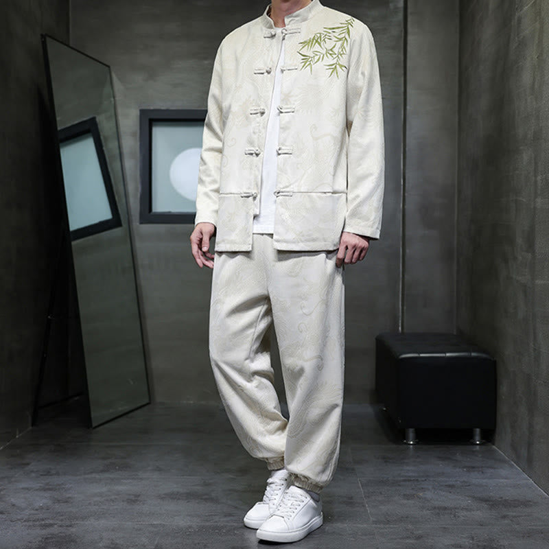 Ensemble veste et pantalon en coton à manches longues et poches, motif dragon printanier et nuages ​​de bambou, avec boutons grenouille, orné de Buddha Stones. - image 5