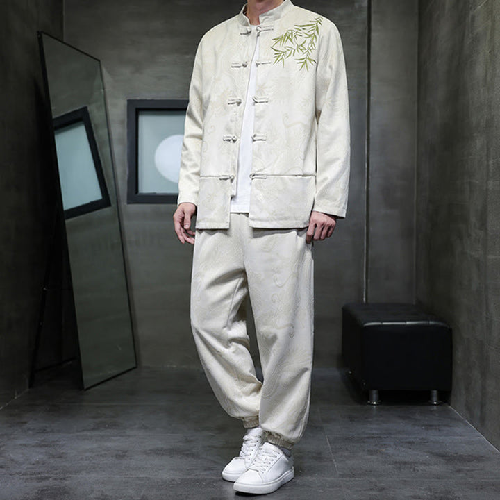 Ensemble veste et pantalon en coton à manches longues et poches, motif dragon printanier et nuages ​​de bambou, avec boutons grenouille, orné de Buddha Stones. - image 5