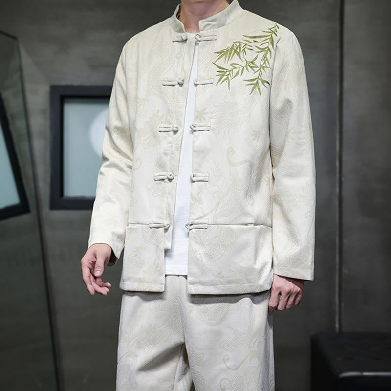 Ensemble veste et pantalon en coton à manches longues et poches, motif dragon printanier et nuages ​​de bambou, avec boutons grenouille, orné de Buddha Stones. - image 6