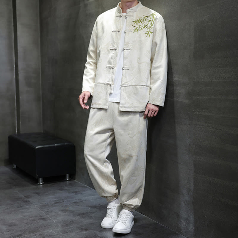 Ensemble veste et pantalon en coton à manches longues et poches, motif dragon printanier et nuages ​​de bambou, avec boutons grenouille, orné de Buddha Stones. - image 1