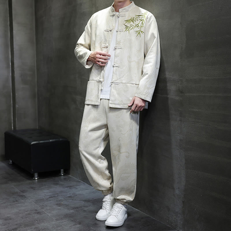 Ensemble veste et pantalon en coton à manches longues et poches, motif dragon printanier et nuages ​​de bambou, avec boutons grenouille, orné de Buddha Stones. - image 2