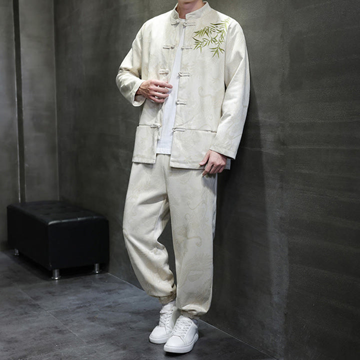 Ensemble veste et pantalon en coton à manches longues et poches, motif dragon printanier et nuages ​​de bambou, avec boutons grenouille, orné de Buddha Stones. - image 2